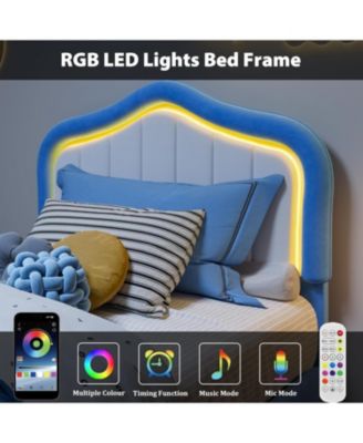 Twin Upholstered Bed Frame Storage Drawer Smart LED Headboard Princess Platform for Kids Girls Wooden Slats Blue White