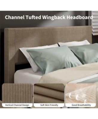 Queen Size Bed Frame Corduroy Tufted Wingback Headboard Platform with 4 Storage Drawers Wood Slats No Box Spring Brown