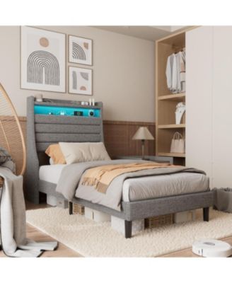 Twin Size Upholstered Platform Bed Frame with Headboard Charging Station LED Lights Wooden Slats No Box Spring Grey