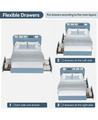 Boucle Upholstered Full-Size with Storage Headboard, Bookcase & 2 Drawers, No Box Spring Platform Bed Frame