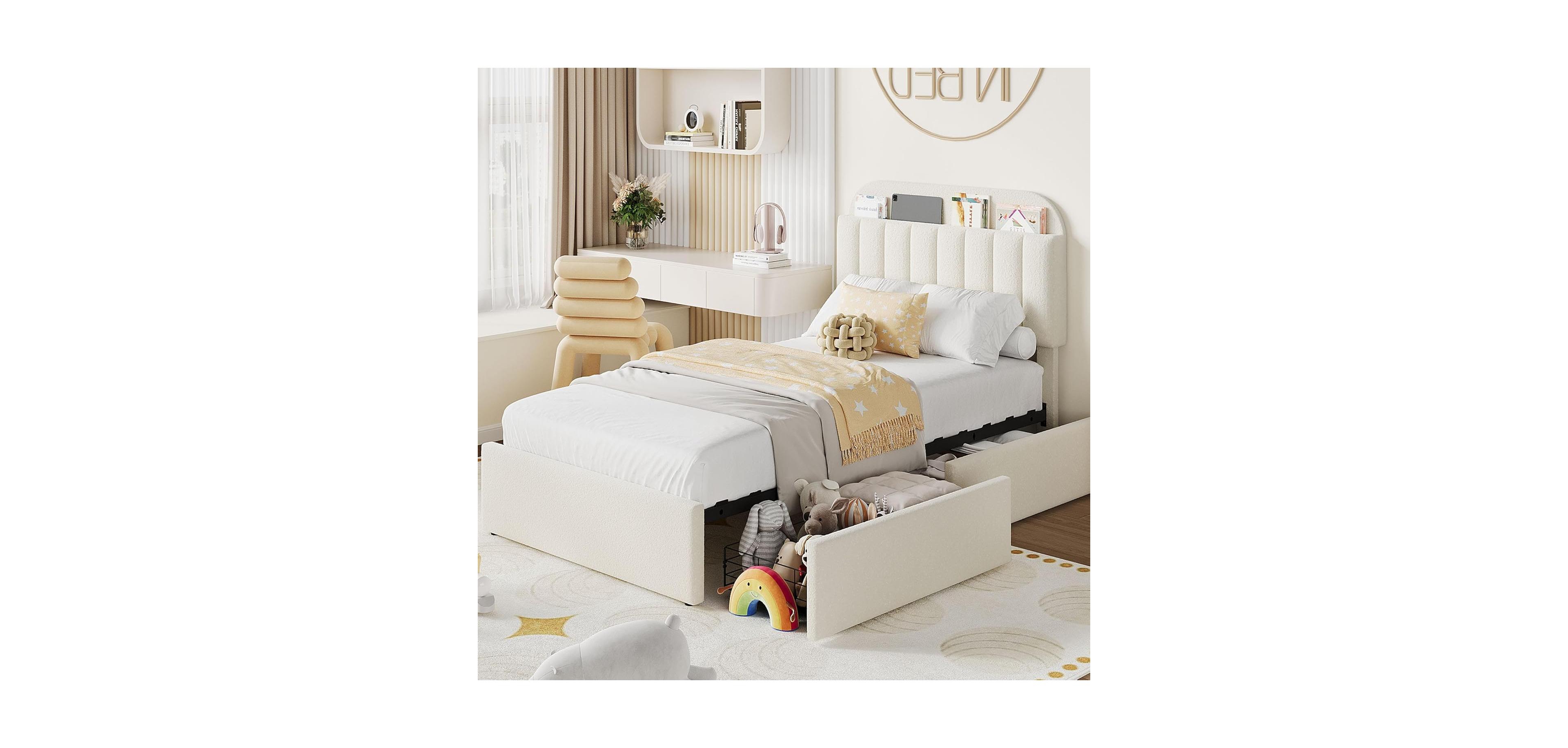 gaomon Twin Size Boucle Upholstered Platform Bed Frame with Bookcase Headboard