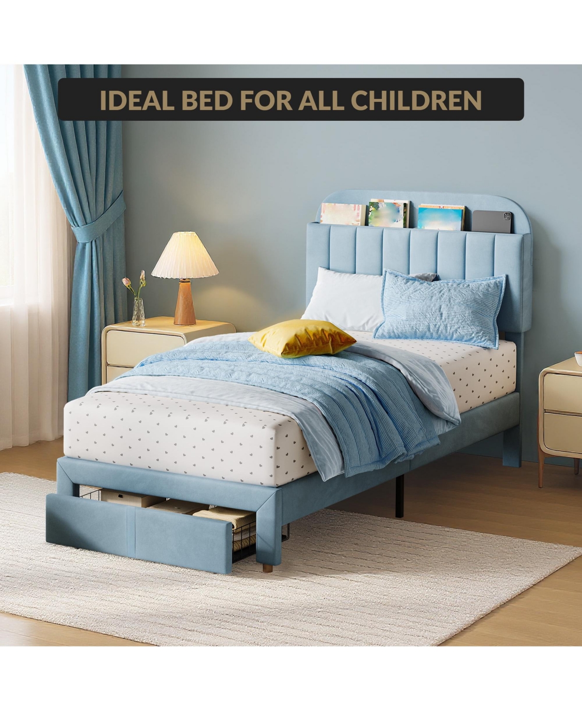 gaomon Twin Size Velvet Upholstered Bookcase Headboard with Storage Drawer Platform Bed Frame