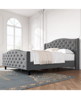 Easy Assembly Queen Size Velvet Upholstered Platform Bed Frame Space Saving, for Living Room