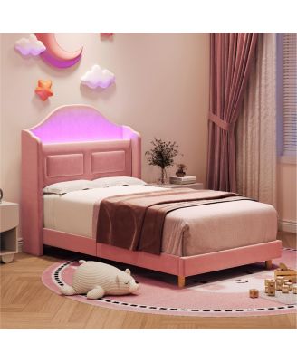 Velvet Upholstered LED Lights Wingback Headboard & Storage Platform Bed Frame