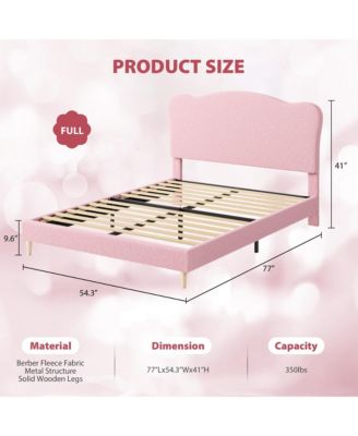 Full Size Bed Frame for Kids with Scallop Headboard, Cute Velvet Twin Bed for Girls, Boys, Sturdy Platform Bed