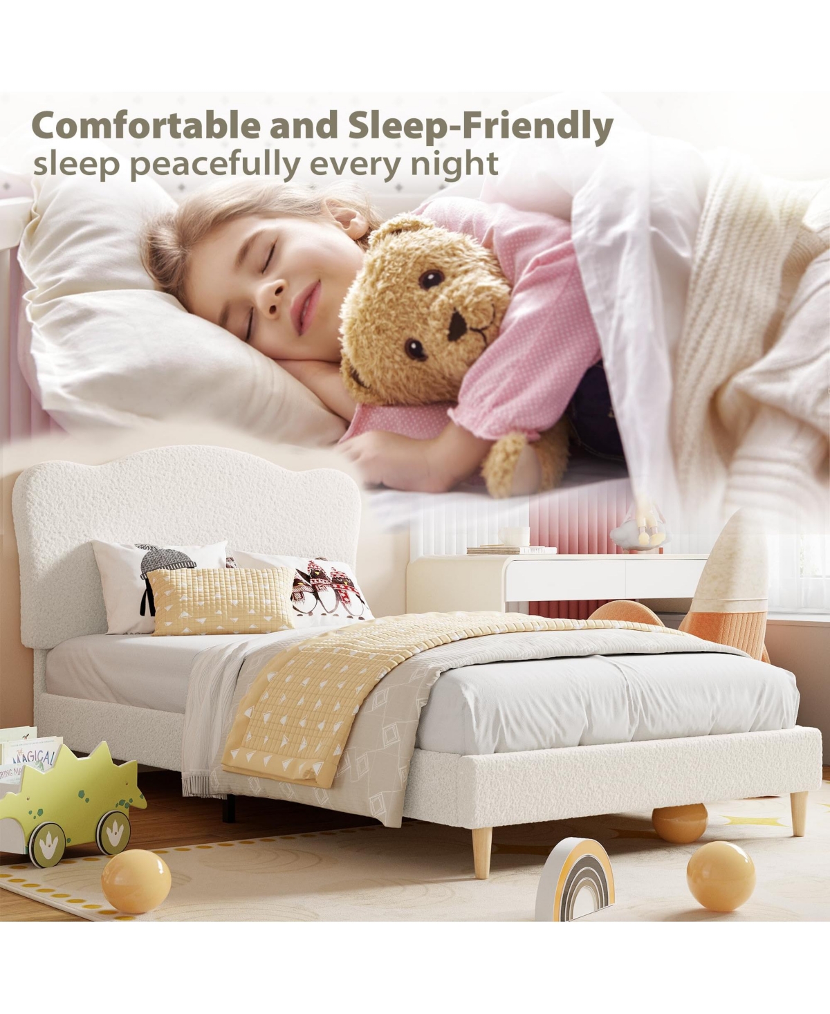 gaomon Full Size Bed Frame for Kids with Scallop Headboard, Cute Velvet Twin Bed for Girls, Boys