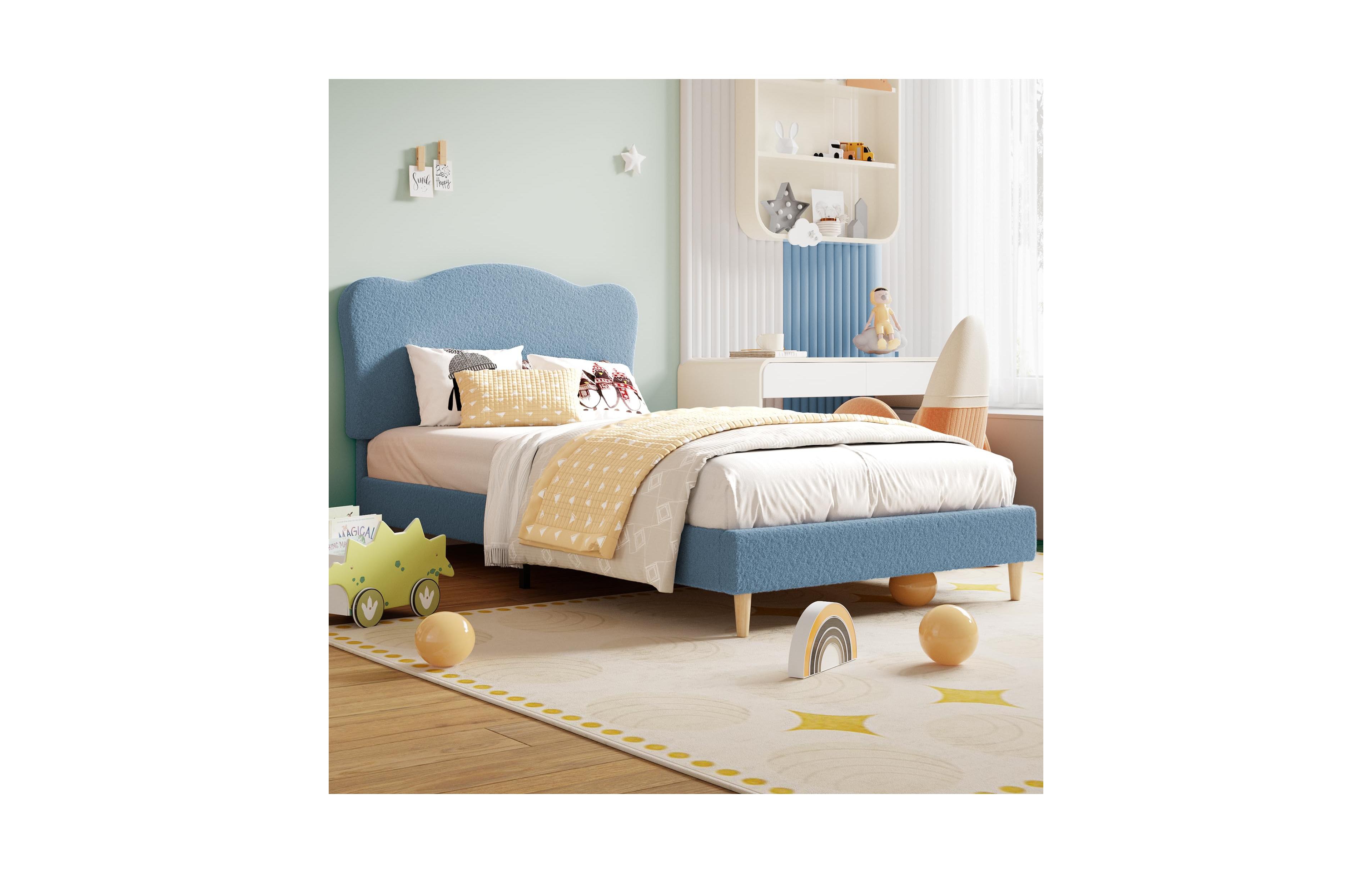 gaomon Twin Xl Size Berber Fleece Scallop Headboard Low Profile Platform Bed Frame for Kids