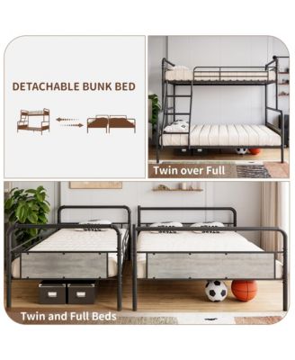 Bunk Bed Twin Over Full Size with High Guardrail and Ladder,Twin Size Convertible Metal Bunk Beds