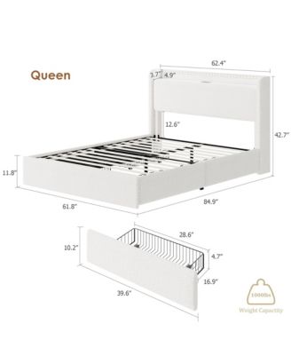 Queen Size Boucle Bed Frame with Storage Headboard, Charging Station and LED Lights