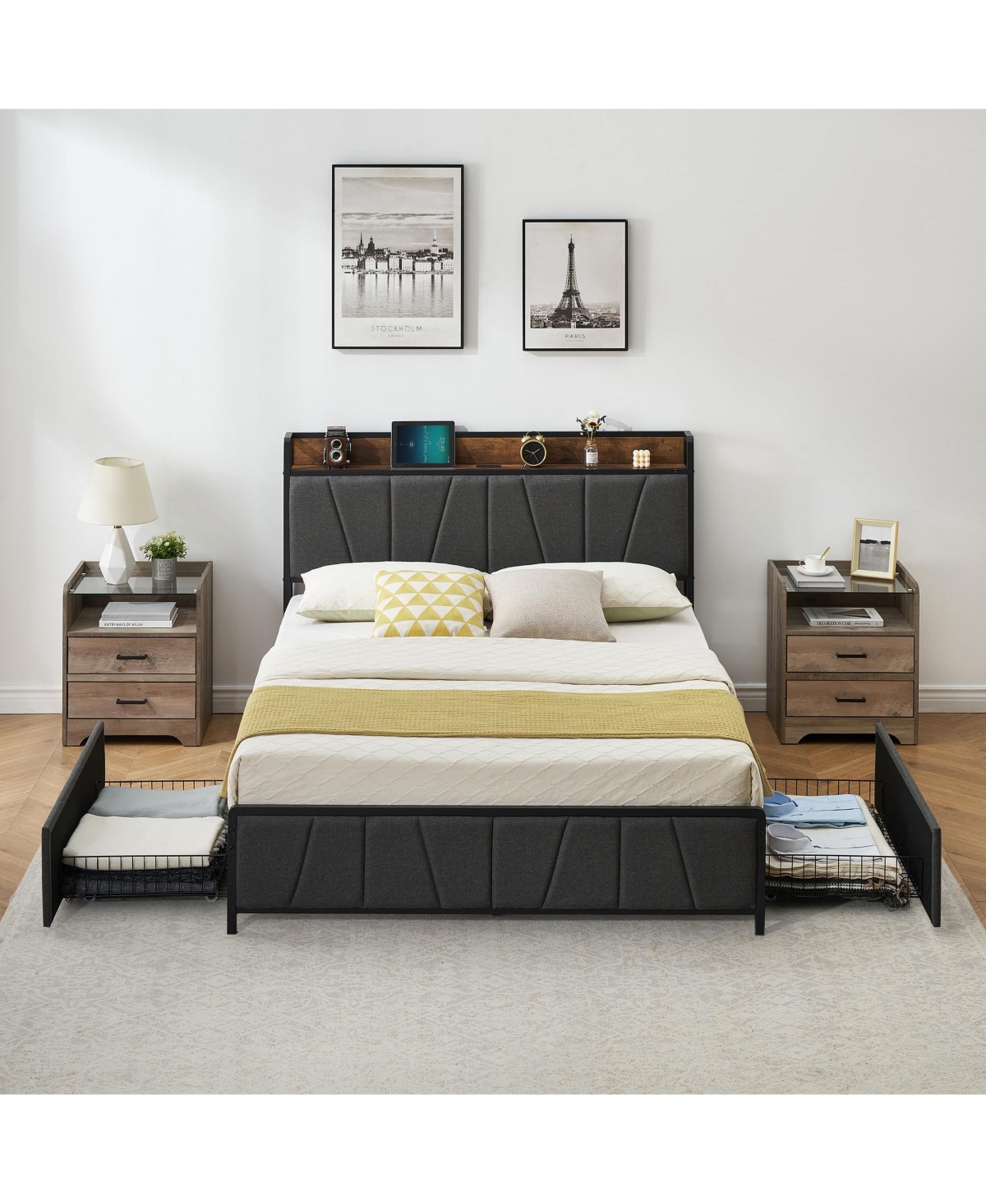gaomon Queen Size Bed Frame with 2 Storage Drawers and Charging Station, Rustic Linen Upholstered Platform Bedframe