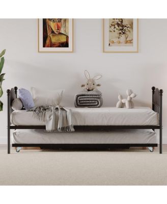 Daybed with Trundle, Metal Twin Size Day Bed with Stylish Headboard, Sofa Bed Frame with Pop Up Foldable Trundle Bed
