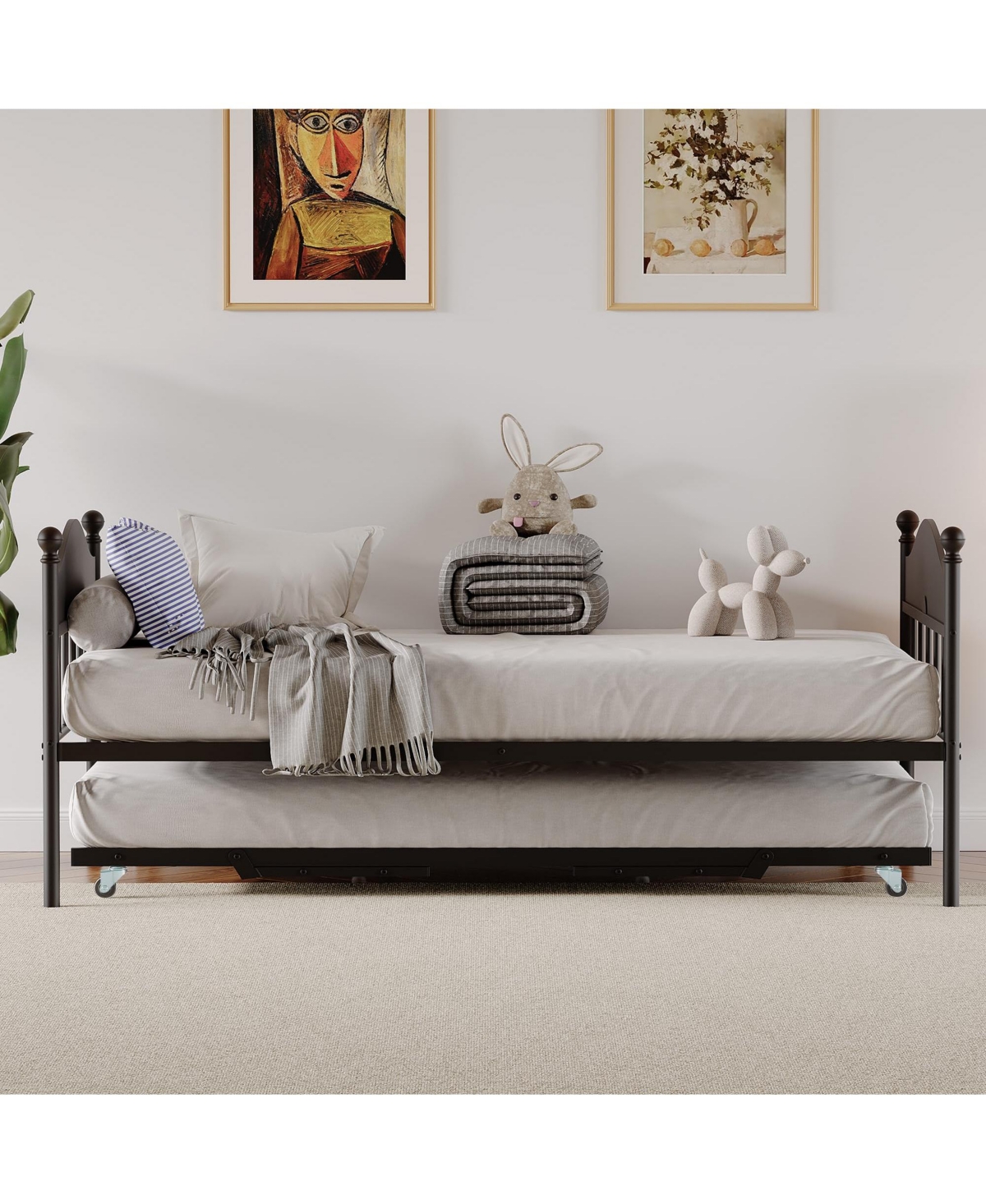Daybed with Trundle, Metal Twin Size Day Bed with Stylish Headboard, Sofa Bed Frame with Pop Up Foldable Trundle Bed