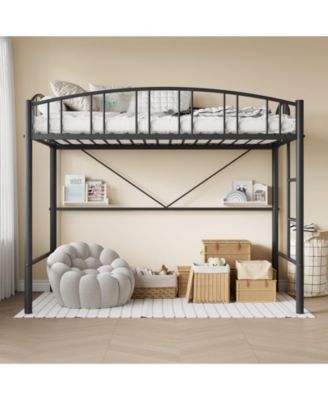 Loft Bed Twin Size, Heavy Duty Metal Loft Bed Frame with Arched Guardrail and Safety Ladder