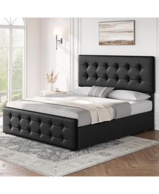 Full Bed Frame with Headboard and 4 Storage Drawers, Platform Bed Frame Square Stitched Button Tufted