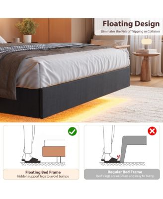 Floating Bed Frame Full with LED Lights & USB Charging Station – Modern Upholstered Platform Bed with Headboard
