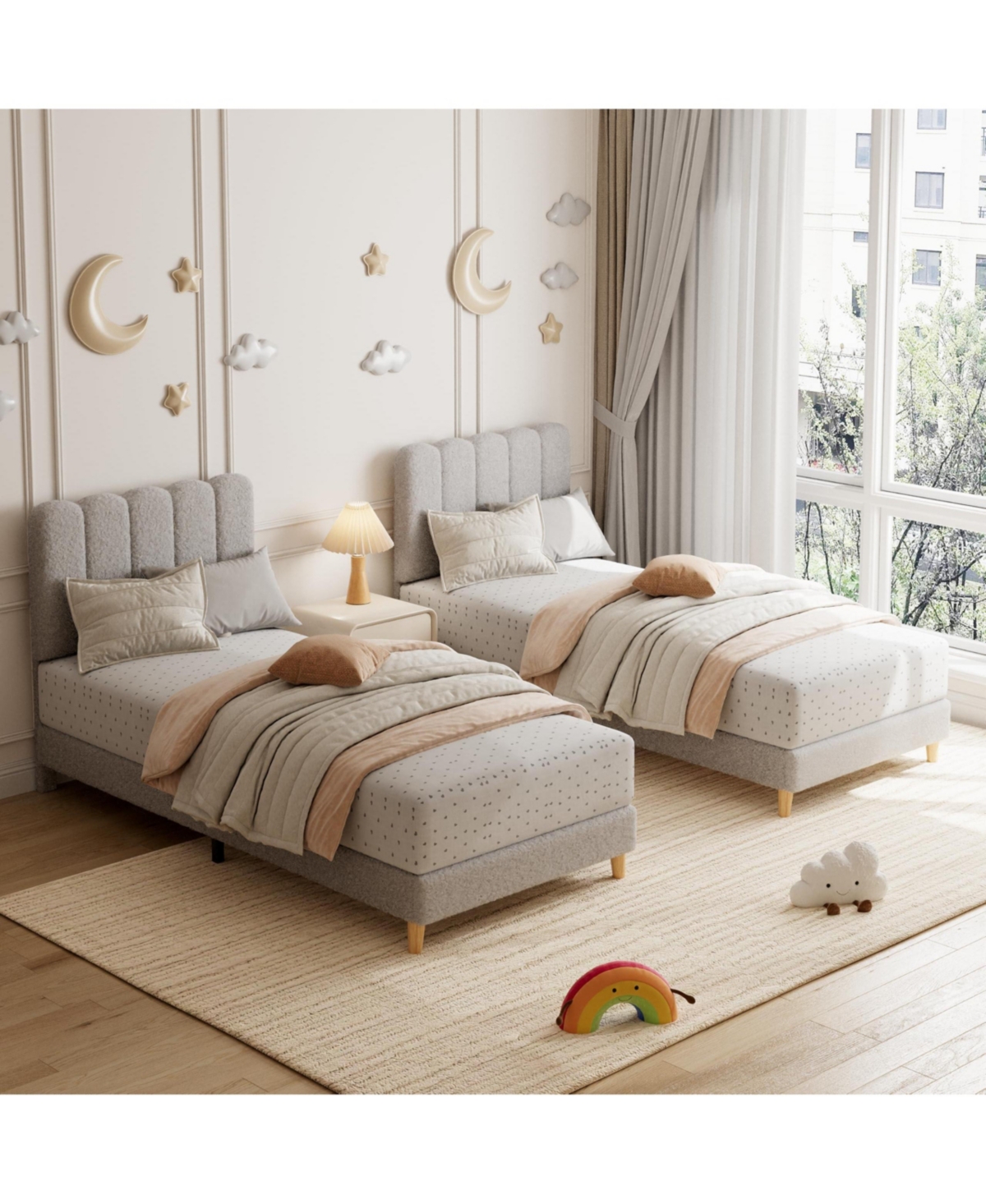 gaomon Twin Xl Boucle Upholstered Platform Bed Frame with Wave Headboard and Wooden Slats Support