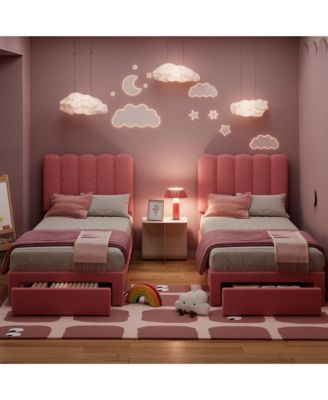 Twin Bed Frame with Under-Bed Drawer, Pink Boucle Upholstered Platform Bed with Wave Headboard for Kids/Girls, Wooden Slats Support