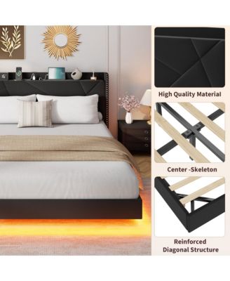 Full Size Floating Bed Frame, Suspended Bed with RGB LED Lights and Charging Station, Upholstered Bed Frame