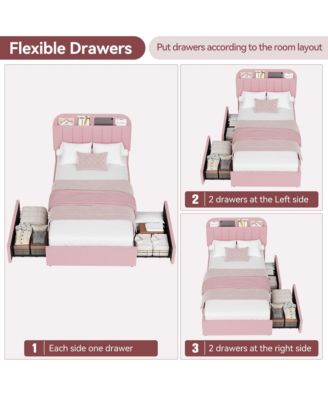 Twin XL Bed Frame for Kids, Boucle Upholstered Platform Bed for Girls with 2 Flexible Drawers, Bookcase Headboard