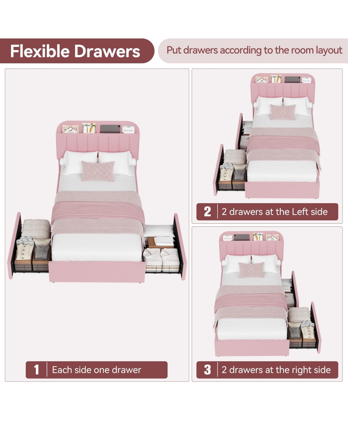 gaomon Twin Xl Bed Frame for Kids, Boucle Upholstered Platform Bed for Girls with 2 Flexible Drawers