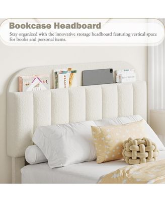 Twin XL Bed Frame for Kids, Boucle Upholstered Platform Bed for Girls with 2 Flexible Drawers, Bookcase Headboard