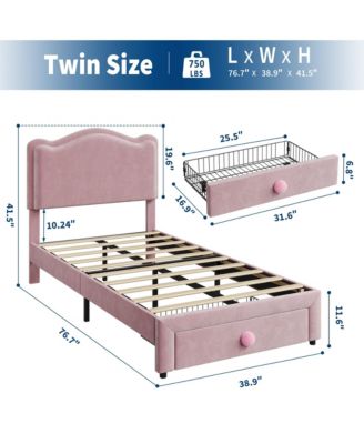 Upholstered Twin Bed Frame with Storage Drawer & Scallop Headboard, Princess Twin Size Platform Bed Frames