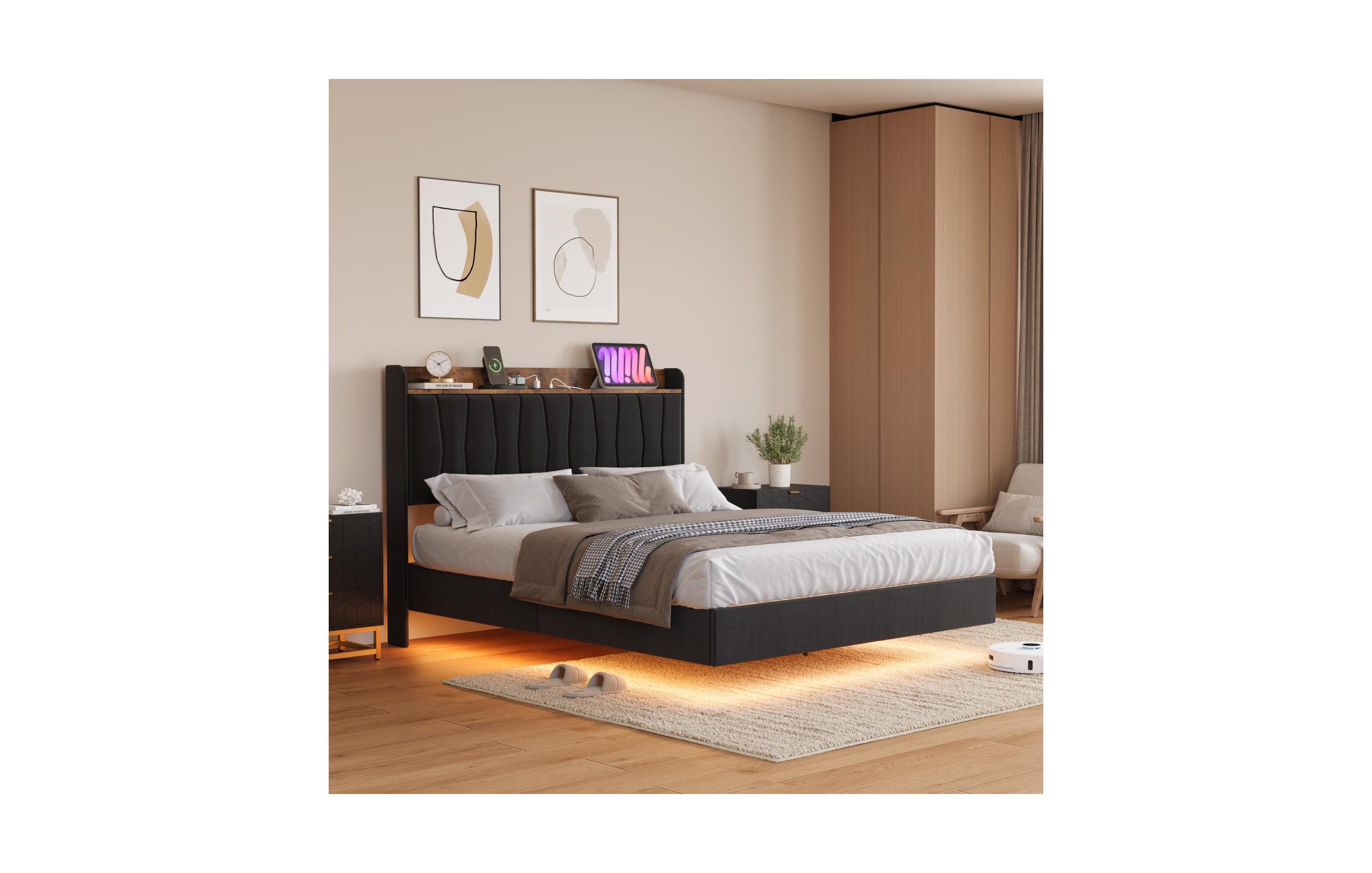 gaomon King Floating Bed Frame with Led Lights & Charging Station