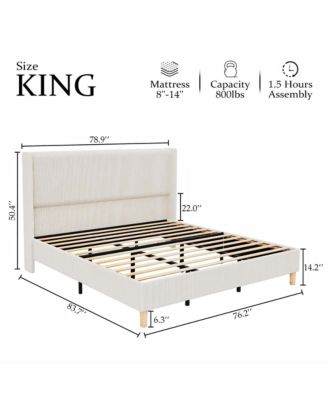 King Bed Frame, Upholstered Platform Corduroy Bed Frame with Vertical Channel Tufted Wingback Headboard
