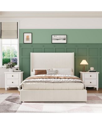 Queen Size Upholstered Platform Bed Frame with Storage Drawers, Corduroy Wingback with Tufted Headboard and Footboard