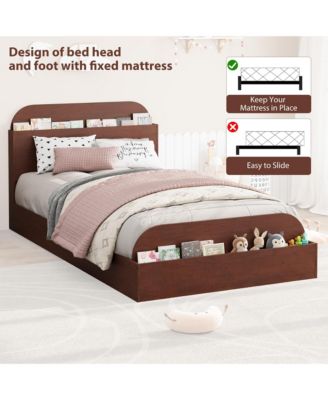 Twin Size Bed Frame, Wooden Beds with Storage Headboard and Raised-Foodboard for Kid, Twin-Floor Low Platform Bed