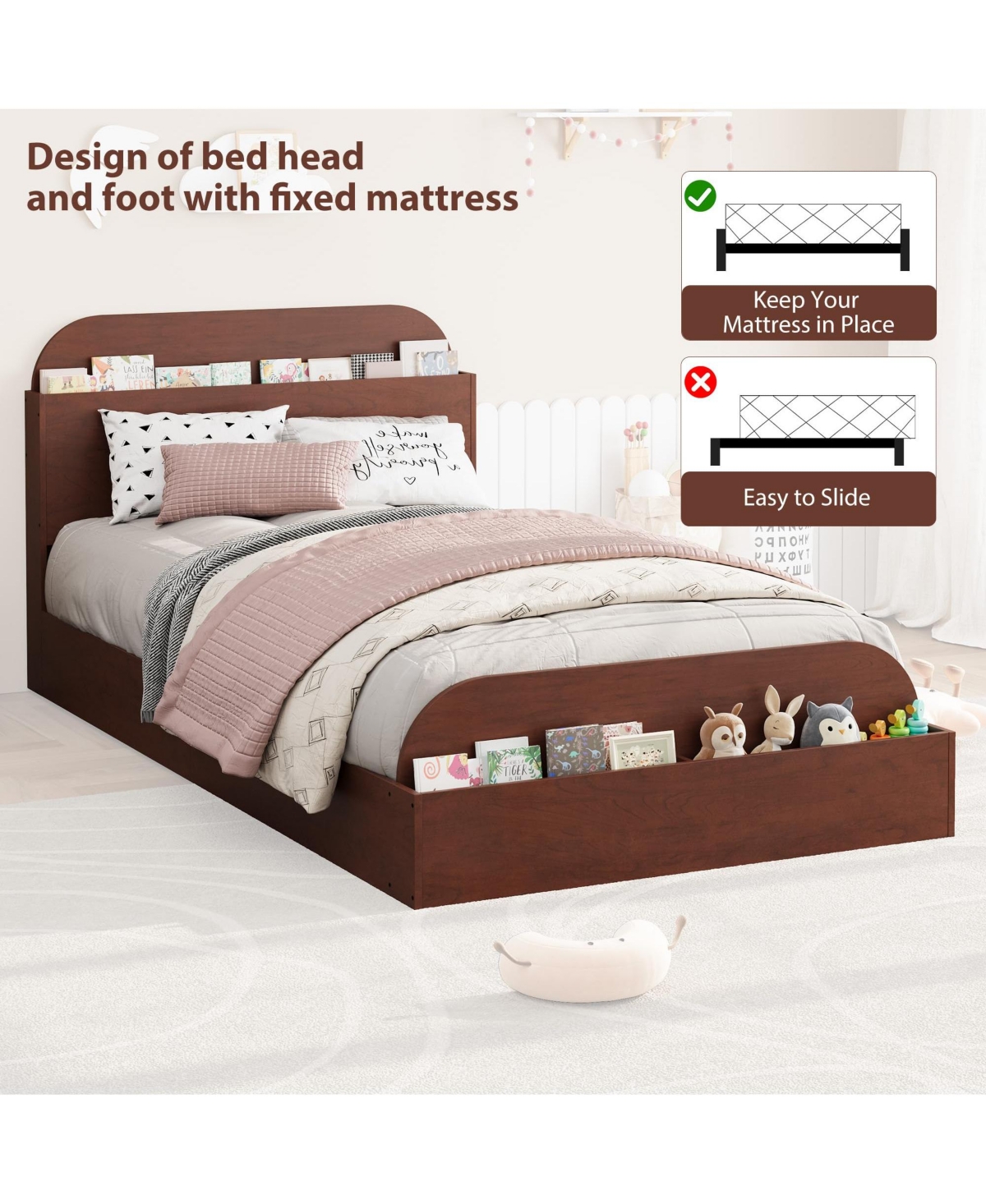 Gaomon Twin Size Bed Frame, Wooden Beds with Storage Headboard and Raised-Foodboard for Kid