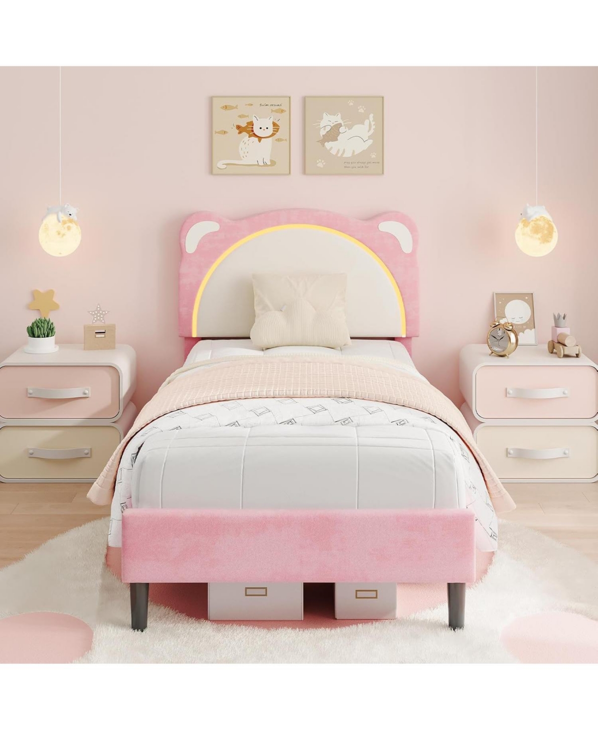 Gaomon Twin Kids Bed Frame, Upholstered Platform with Adjustable Headboard & Led, Wooden Slats, No Box Spring