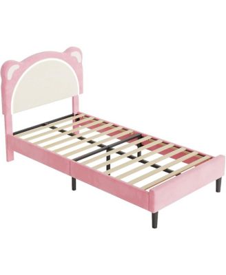 Twin XL Kids Bed Frame, Upholstered Platform with Adjustable Headboard & LED,Wooden Slats, No Box Spring,  Nursery