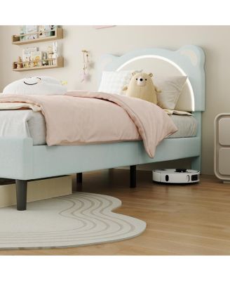 Twin XL Upholstered Bed for Kids – Adjustable Headboard with LED Light, Wooden Slats, No Box Spring, Blue