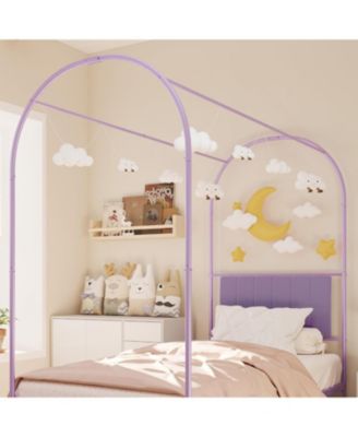 Twin Canopy Bed with Fabric Headboard, Metal Platform Frame with Strong Slats