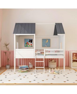 Twin Low House Bed Wooden Loft Bed with Ladder Roof Windows Slatted Support