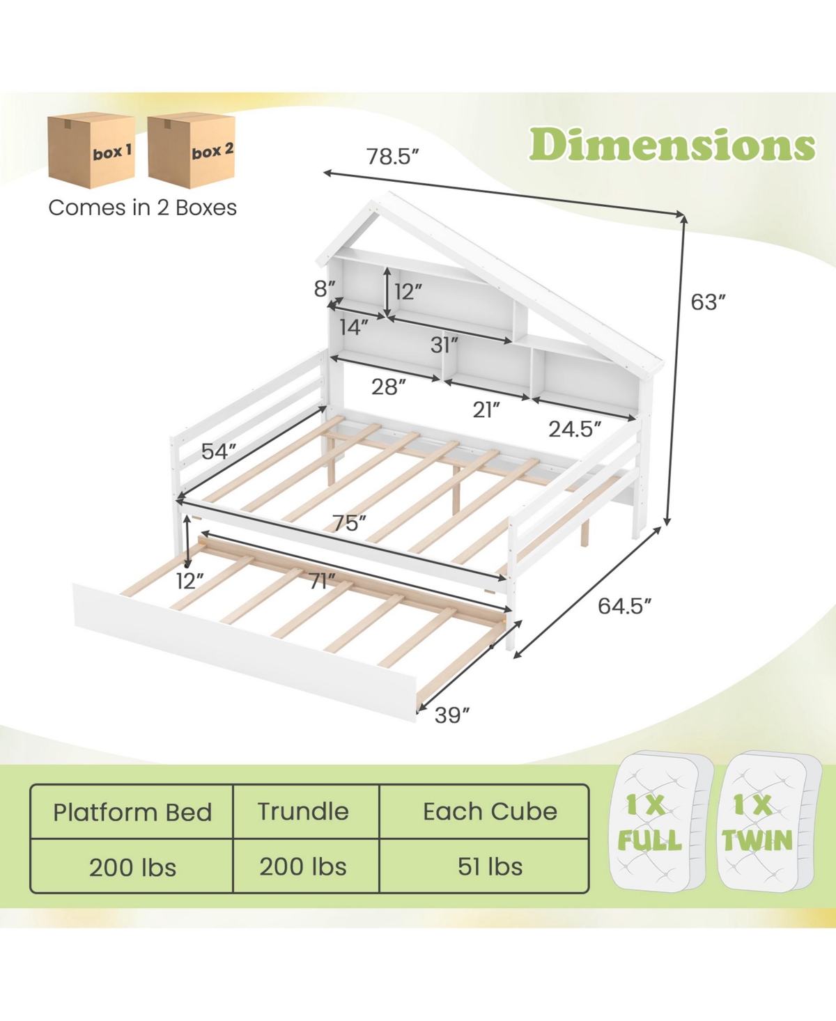 Gymax Full Size Daybed w/ Twin Size Trundle Bedside Bookshelf & Headboard