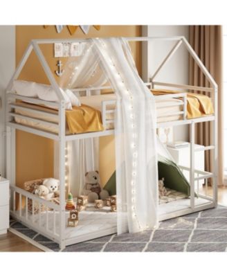 Bunk Bed Twin Over Twin with Ladder and Guardrail, House Shaped with Metal Slats for Dormitory and Bedroom