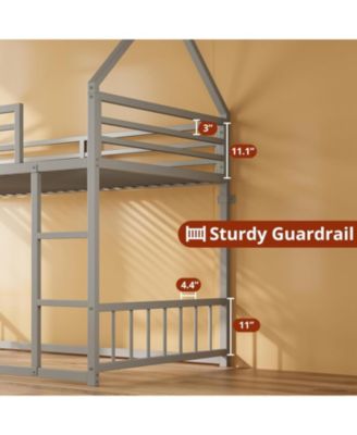 Bunk Bed Twin Over Twin, House Bunk Bed Frame with Ladder and Guardrail, House Shaped with Metal Slats for Dormitory and Bedroom