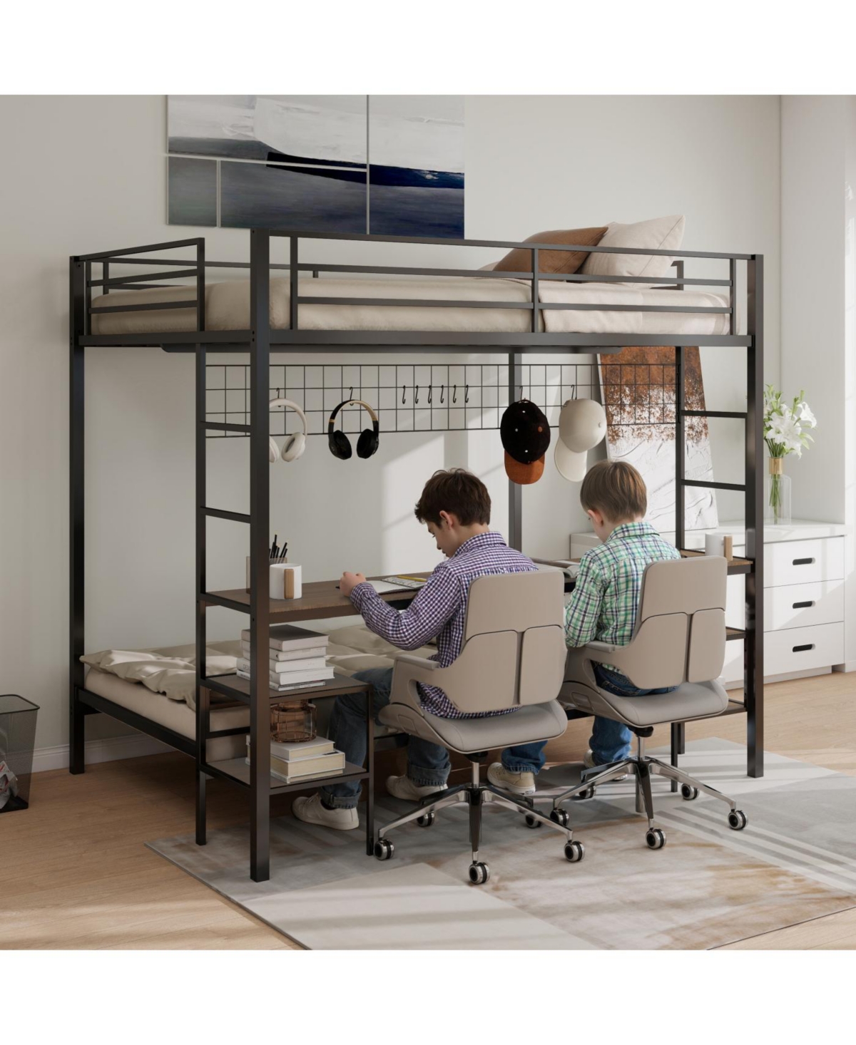 Streamdale Furniture Streamdale Ethan Full Over Twin Bunk Bed with Desk, Charging Station & Storage, Black/Cinnamon Oak