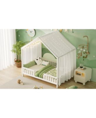 Montessori Floor Bed with Canopy, Full Size House Shape Toddler Bed Frame