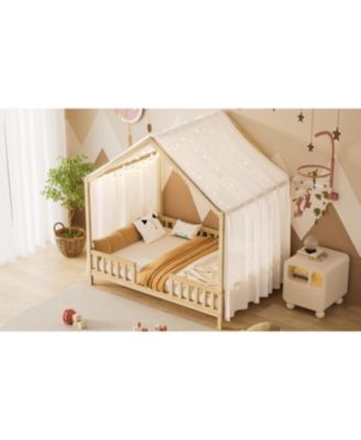 Montessori Floor Bed with Canopy, Full Size House Shape Toddler Bed Frame