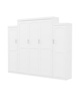 Queen Size Murphy Bed with 2 Wardrobes & Storage Shelf, White