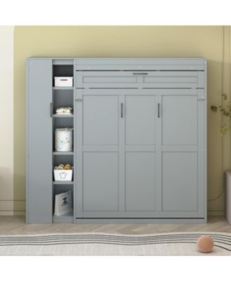 Full Size Murphy Bed Wall Bed with Shelves, Wardrobe and LED Lights, Gray