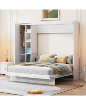  Queen Size Murphy Bed Wall Bed with Shelves, Wardrobe and LED