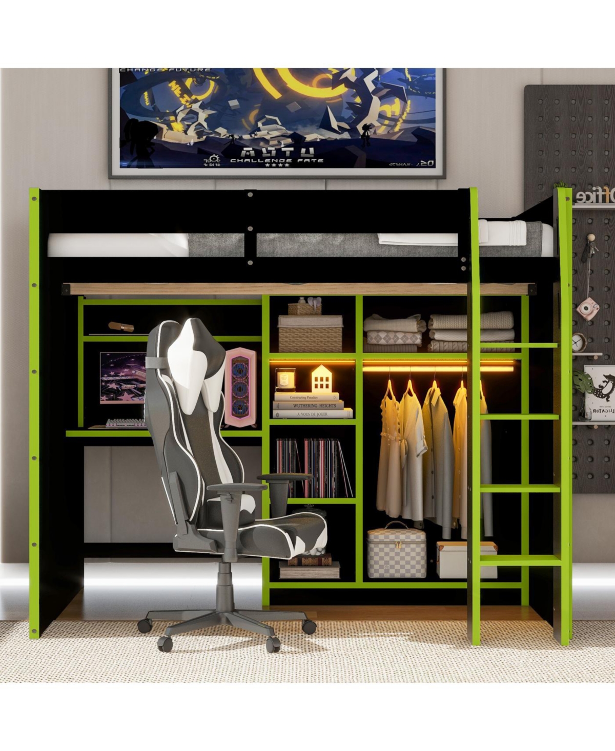 Streamdale Furniture Full Size Wood Loft Bed with Desk, Wardrobe, Storage & Rgb Lights