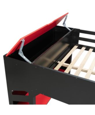 Full Size Wood Loft Bed with Adjustable Desk, Drawers, Storage, RGB Lights,