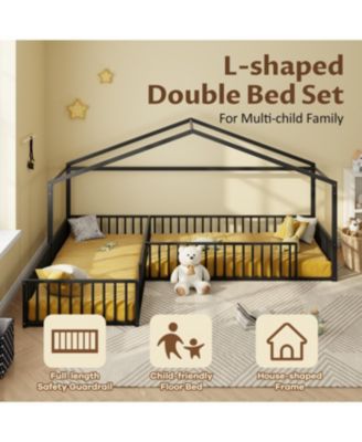 Streamdale Metal L-Shaped Montessori House Bed Frame for 2 Kids, Black