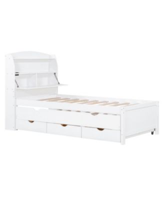 Streamdale Twin Wooden LED Platform Bed with Trundle, Storage Headboard & Drawers, White
