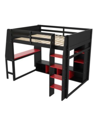 Streamdale Wood Gaming Loft Bed w/ Desk, Shelves, LED, Rack, Black